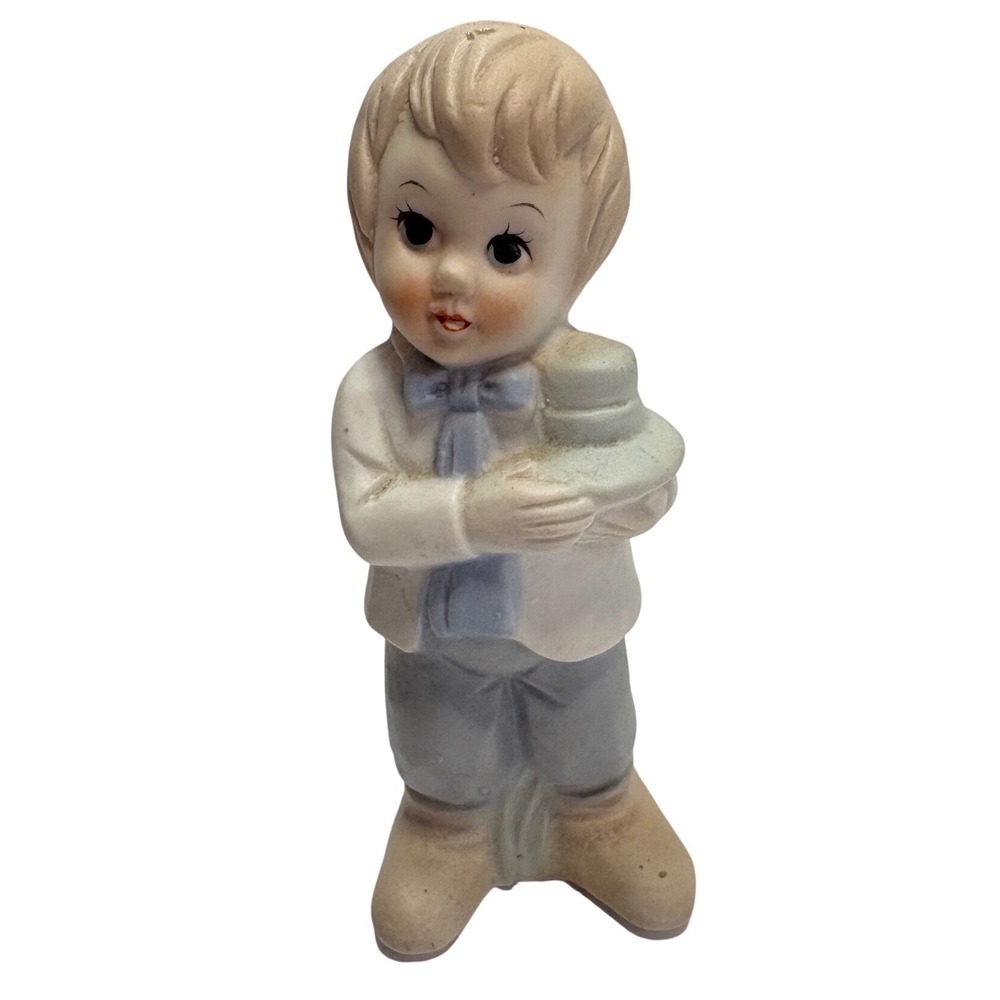 Porcelain Boy Figurine Blue and White Suit Holding Object bisqueMatte FinishVntg